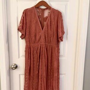 Terracotta Lace Mesh See Through Maxi Dress With Slit and Shorts Size Medium